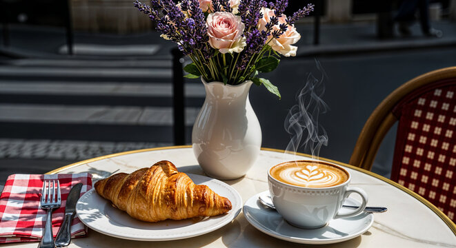 A golden flaky croissant and steaming latte with rosetta art sit on a Parisian cafe terrace table with fresh roses and lavender in a white vase.