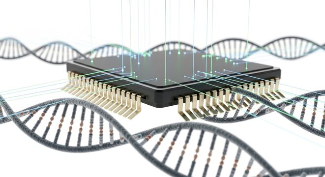 3d render of a microchip floating above dna helices, futuristic technology concept, scientific innovation, modern design isolated on transparent background