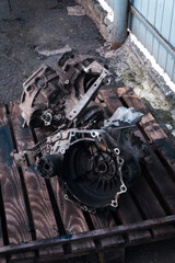 Fototapeta premium manual transmission from an old front-wheel drive car removed for cleaning and washing, repair and replacement of oil seals