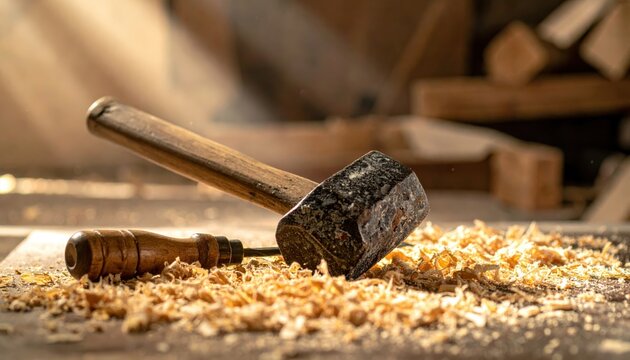 A sturdy wooden mallet rests alongside sharp chisels in a woodworking shop amidst wood shavings
