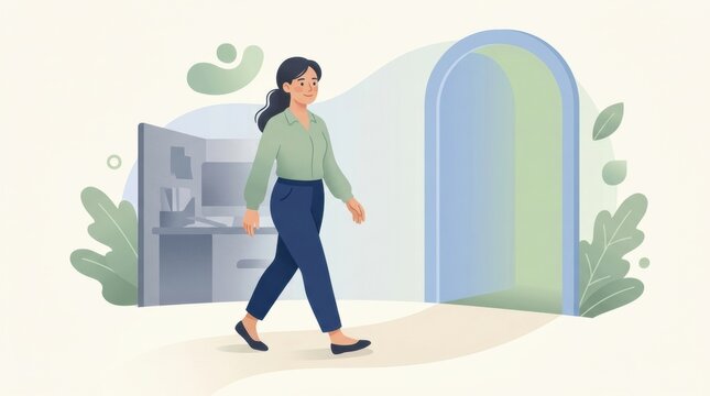 Illustration of a person walking toward an open door in an office. The scene emphasizes workplace violence prevention and safety awareness.