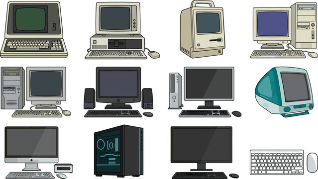Evolution of Personal Computers Vector Icon Set Featuring Retro Vintage Monitors Classic Desktop Towers Old Macintosh Models and Modern Gaming PC Towers