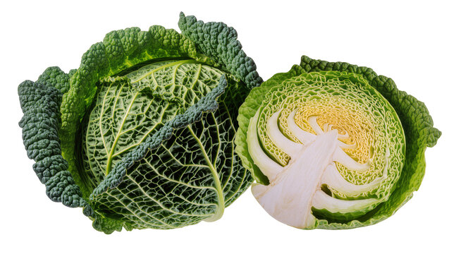 Savoy cabbage whole and halved showing textured leaves and core