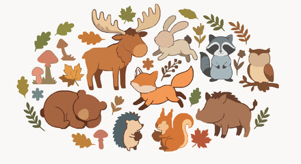 Fototapeta premium Colorful Woodland Animal Collection Vector Illustration for Stickers and Cards