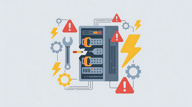 Server rack with warning signs lightning bolts and tools illustration data center technology