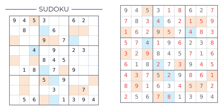 Classic 9x9 Even Odd Sudoku Puzzle Hard Level: Pastel Color Logic Game Vector Template with Solution