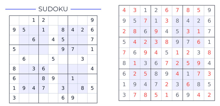 Classic 9x9 Hyper Sudoku Puzzle Easy Level: Minimalist NRC Sudoku Logic Game Vector Template with Solution