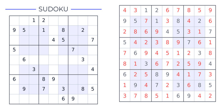 Classic 9x9 Hyper Sudoku Puzzle Hard Level: Minimalist NRC Sudoku Logic Game Vector Template with Solution