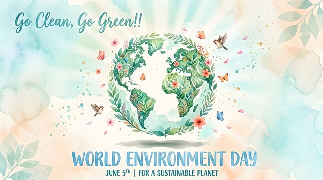 world environment day poster watercolor style earth planet green nature ecology sustainability flowers birds butterflies leaves text graphic