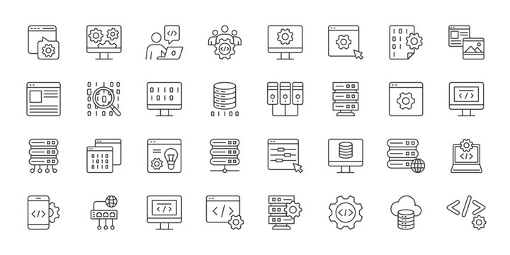 Web development icons in line design. web development, coding, programming, website, frontend, backend, software on white background vector. Web development editable stroke icons