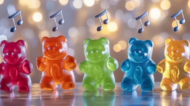 Colorful gummy bear candies are arranged on a surface with musical notes appearing over bokeh lights in the background