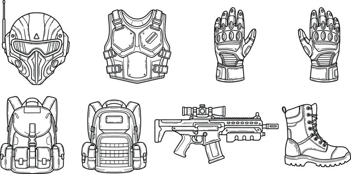 Futuristic tactical gear set, including helmet, vest, gloves, backpacks, rifle, and combat boot military