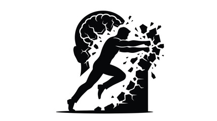 Obraz premium Minimalist black vector illustration showing a strong determined man breaking through a solid human head wall