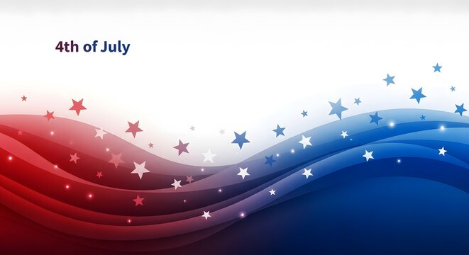 4th of july celebration banner with red and blue wavy lines and floating stars, independence