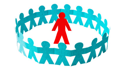 Red figure stands in circle of teal paper people © Anna