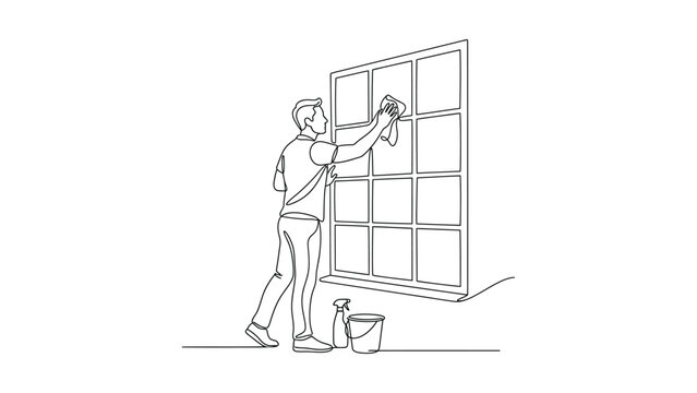 Continuous line drawing of a man cleaning a glass window.