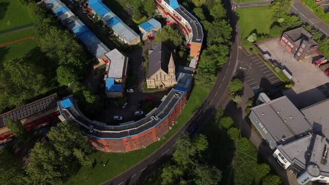 Newcastle upon Tyne UK: 25th May 2026: Drone captures the layout of Byker Wall during dawn. The design shows buildings, greenery, and streets forming a clear structure in the landscape