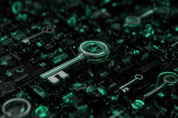 Fototapeta premium Futuristic digital artwork with keys integrated into a circuit board, illuminated in emerald green