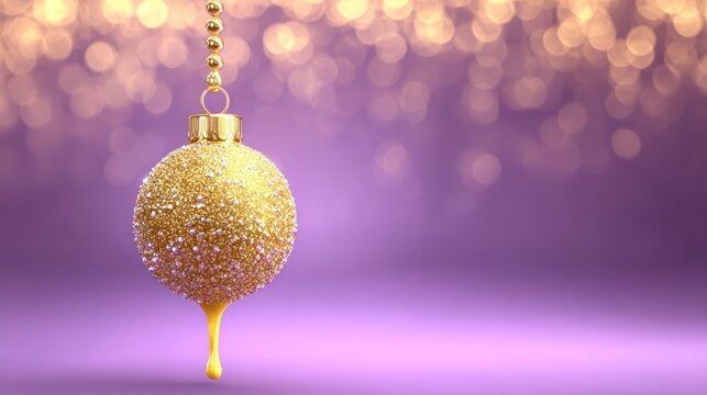 Glittering golden sphere ornament hangs against a purple background with warm light bokeh