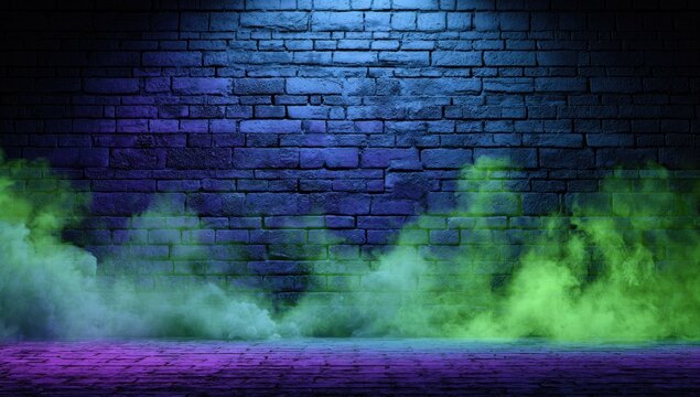 A brick wall backdrop with colored smoke rising from a tiled floor, with blue and purple hues