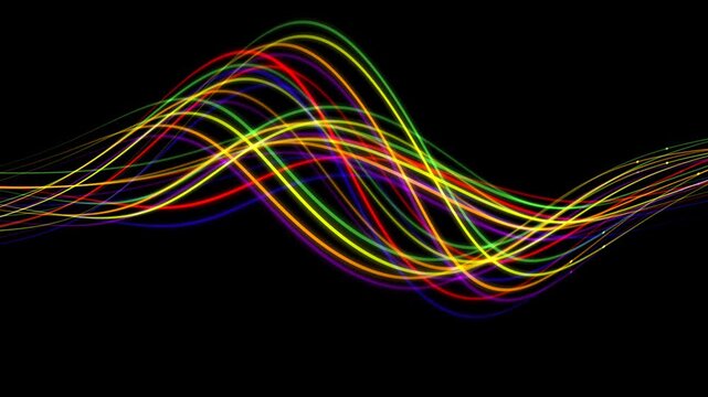 Vibrant Rainbow Light Waves Flowing on Black Background for Pride Month Celebration.
