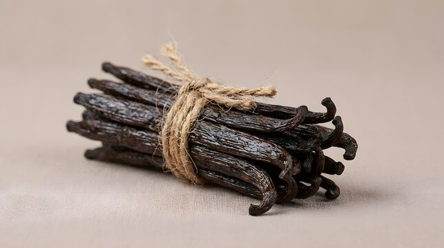 Dark aromatic vanilla bean pods bundled together with rustic twine in a beautiful studio photograph captured to showcase the natural texture of this premium spice ingredient