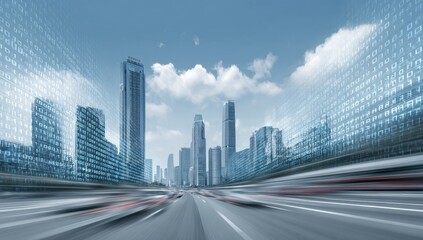 Fototapeta premium Blurry cityscape with skyscrapers, road, and digital data overlay. Sky is cloudy