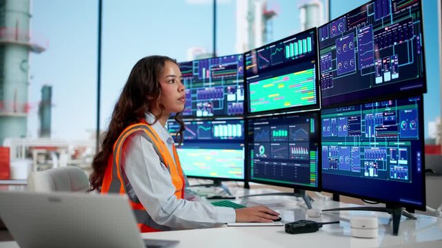 Engineer Monitoring Oil Refinery Plant Using PC