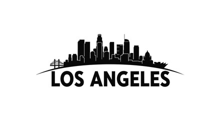 Obraz premium Stylized silhouette of Los Angeles skyline featuring iconic skyscrapers and cityscape with bold text