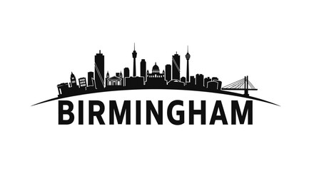 Obraz premium Stylized silhouette of birmingham city skyline with modern skyscrapers and bridges in monochrome for urban architecture and