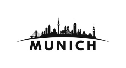 Fototapeta premium Stylized black and white skyline illustration of Munich featuring notable architectural landmarks and cityscape silhouette