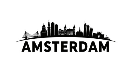 Obraz premium Silhouette of Amsterdam City Skyline Featuring Iconic Buildings and Bridges with Bold City Name