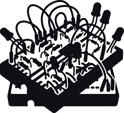 Electronic circuit on breadboard with wires resistors and led lamps silhouette vector icon for prototype and technology.