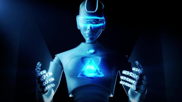 AI technology robots are operating a glowing energy pyramid, a humanoid robot with a glowing blue visor holds a luminous digital pyramid at its chest, set against a dark, futuristic backdrop.