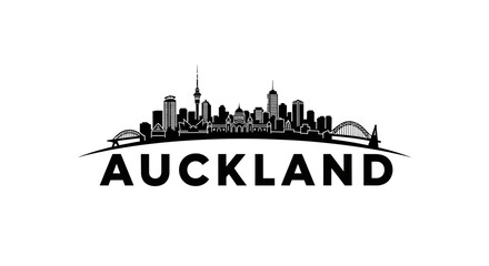 Obraz premium Stylized silhouette of Auckland cityscape featuring iconic skyscrapers and bridges in minimalist black and white design