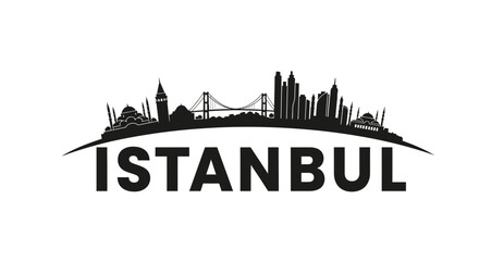 Obraz premium Stylized black and white skyline illustration capturing iconic Istanbul landmarks and cityscape with bold typography