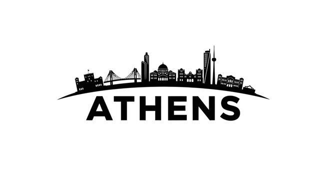 Stylized silhouette of the Athens city skyline featuring iconic landmarks and architecture in a sleek black design emphasizing