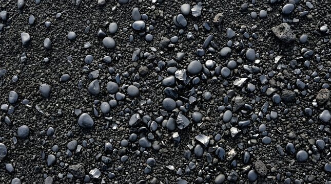 Close up top down view of a dark volcanic beach featuring polished black pebbles and sharp obsidian fragments resting on coarse dark sand in this photograph