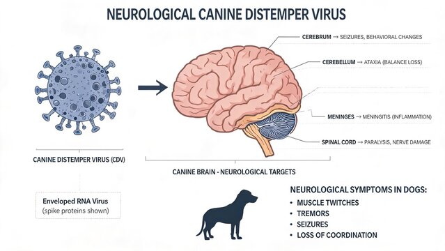 Neurological Canine Distemper Virus (CDV) Infographic, Targets and Symptoms in the Canine Brain, Veterinary Virology Diagram