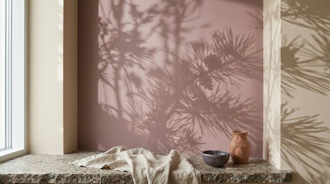 Pine branch shadow falls on pink wall above granite countertop