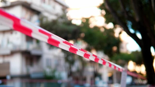 A red and white striped tape marks a work-in-progress area along the street, indicating construction or maintenance activity.