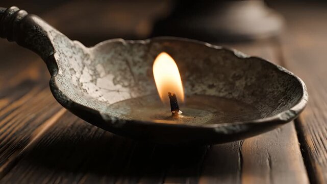 Ancient Oil Lamp Burning Brightly on Wooden Surface.