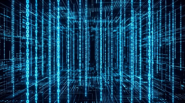 High-tech visualization of falling binary digits in a deep blue digital environment, symbolizing high-speed data processing, cloud computing, information technology, and secure communications grid.
