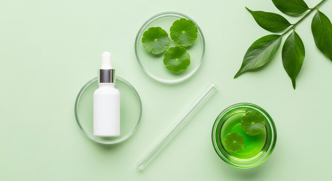 Natural Skincare Serum Development with Centella Asiatica Leaves and White Dropper Bottle in Lab Setting