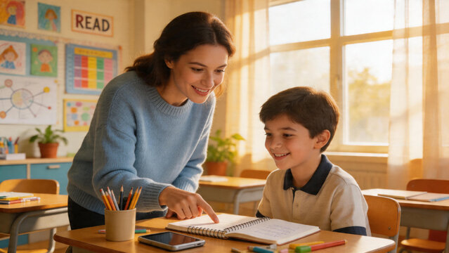 A kind female teacher leaning over a desk to help a young primary student with their schoolwork in a modern, vibrant classroom filled with warm, natural sunlight and educational decorations.
