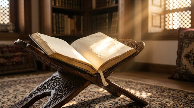 Open Quran resting on an intricately carved wooden book stand in a warmly lit traditional room, with sunlight streaming through patterned windows and bookshelves in the background