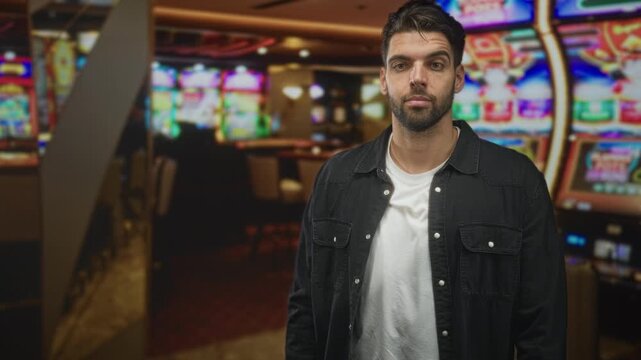 Hispanic man reaching hand to slot machine in casino, beard and neutral gaze, casual white shirt and black jacket; indifference risk.