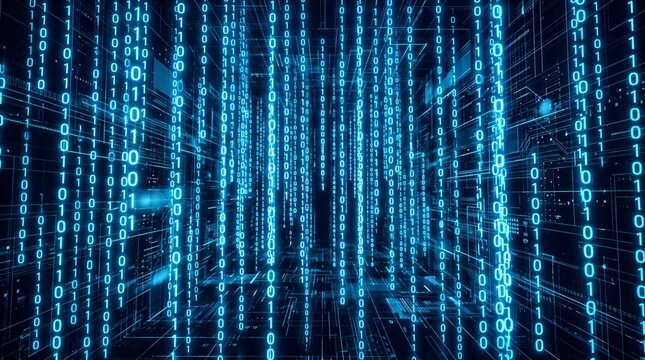 An advanced digital background featuring cascading binary digits and data streams, symbolizing cloud computing, big data analysis, and modern information technology network infrastructure.