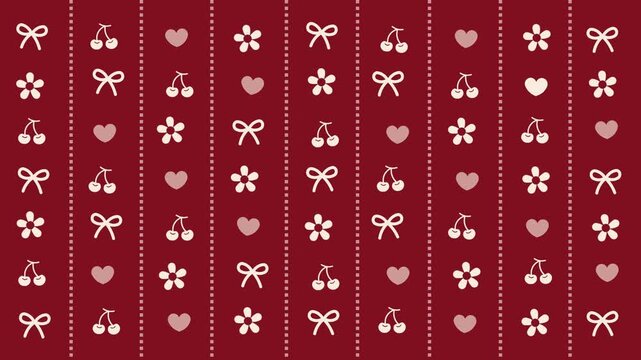 4k footage animation of coquette filled with cherries, heart, ribbon, in white /cream color giving sweet, feminine look. Playful trendy coquette bow pattern with red background and classic preppy vibe
