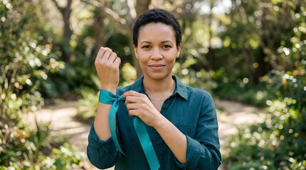 Fototapeta premium Woman fastening a teal awareness ribbon around her wrist outdoors on a leafy garden path, presenting a calm, supportive gesture in soft natural light and a peaceful green setting